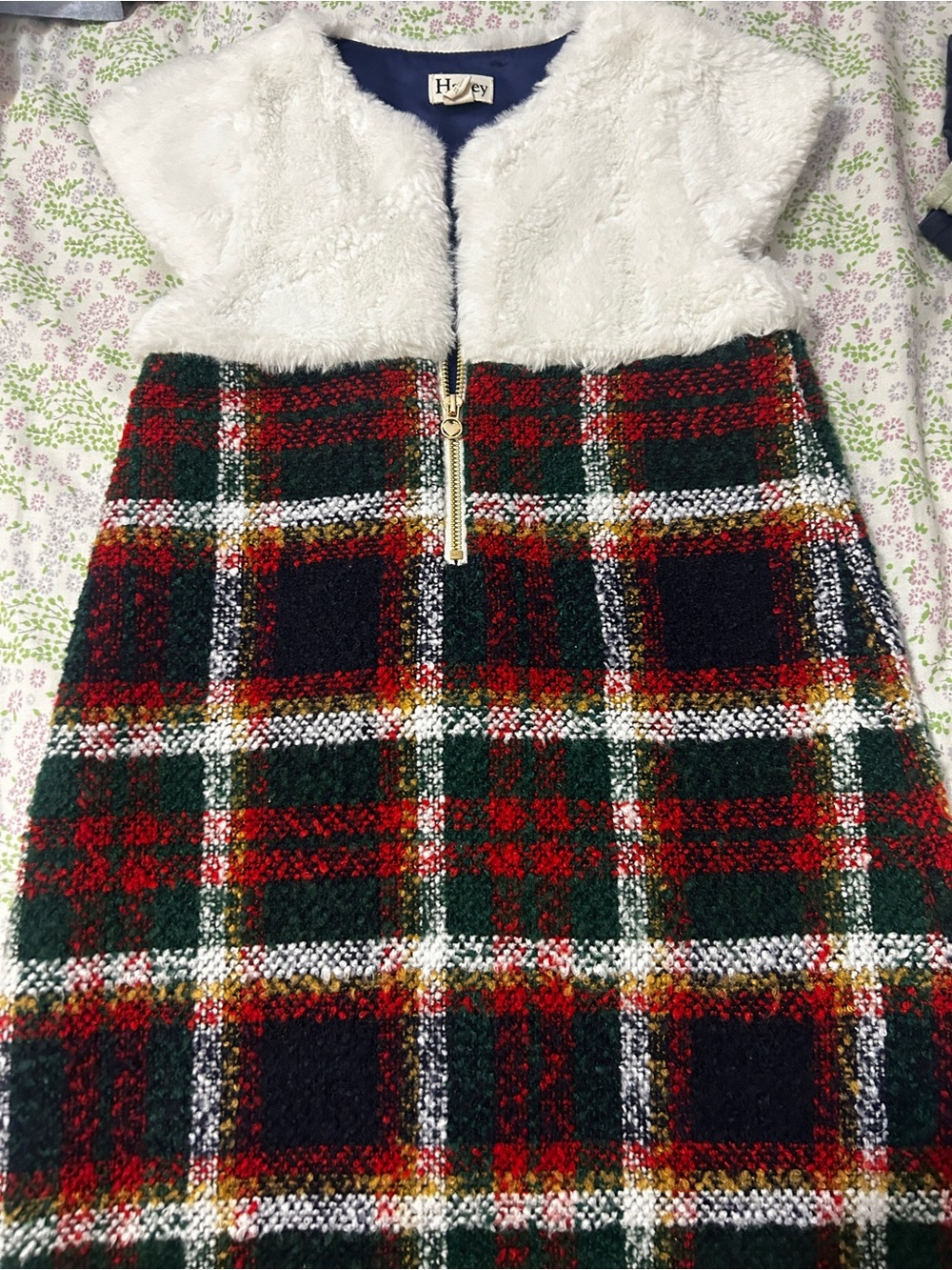 Hatley White Faux Fur Top Green Red Tartan Girls Dress